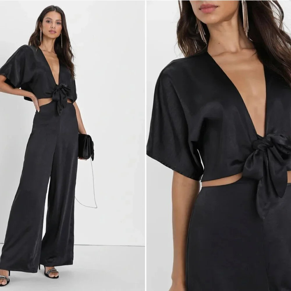 LULU's Modern Chic Satin Flirt For Fun Tie-Front Two-Piece Pantsuit • X-Small